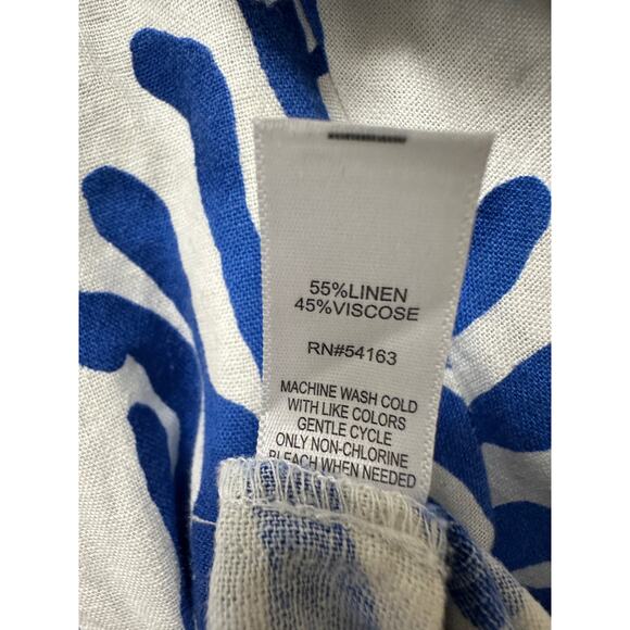 Size Large Linen Blend Resort Blue Boho Tropical Pool Vacation Ruffle Blouse Top - Picture 9 of 11